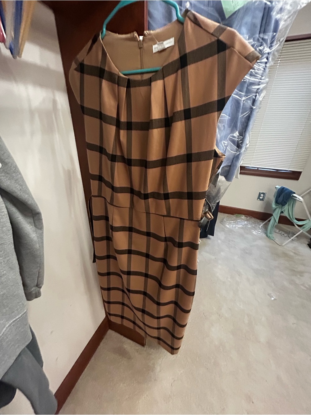 New York & Company Tan and Black Plaid Sheath Dress